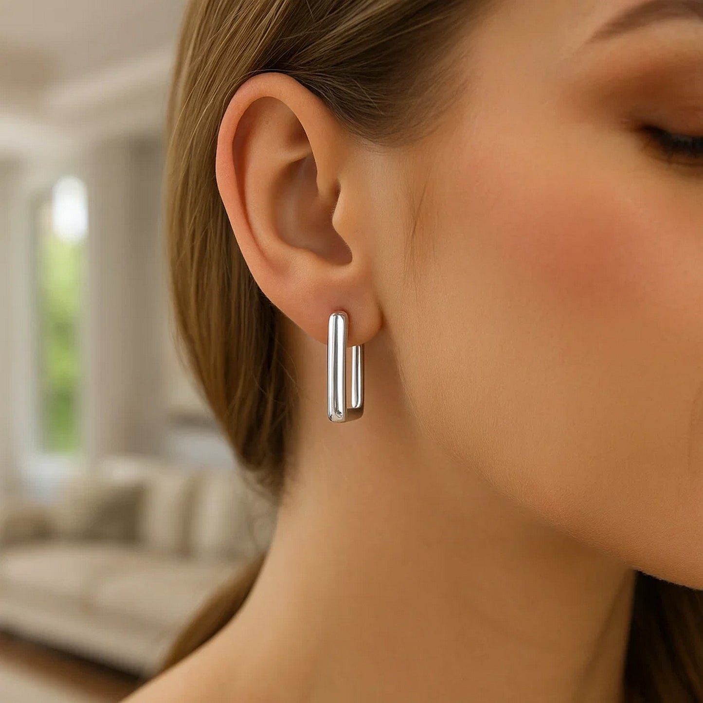 Sterling Silver Rectangle Hoop Earrings