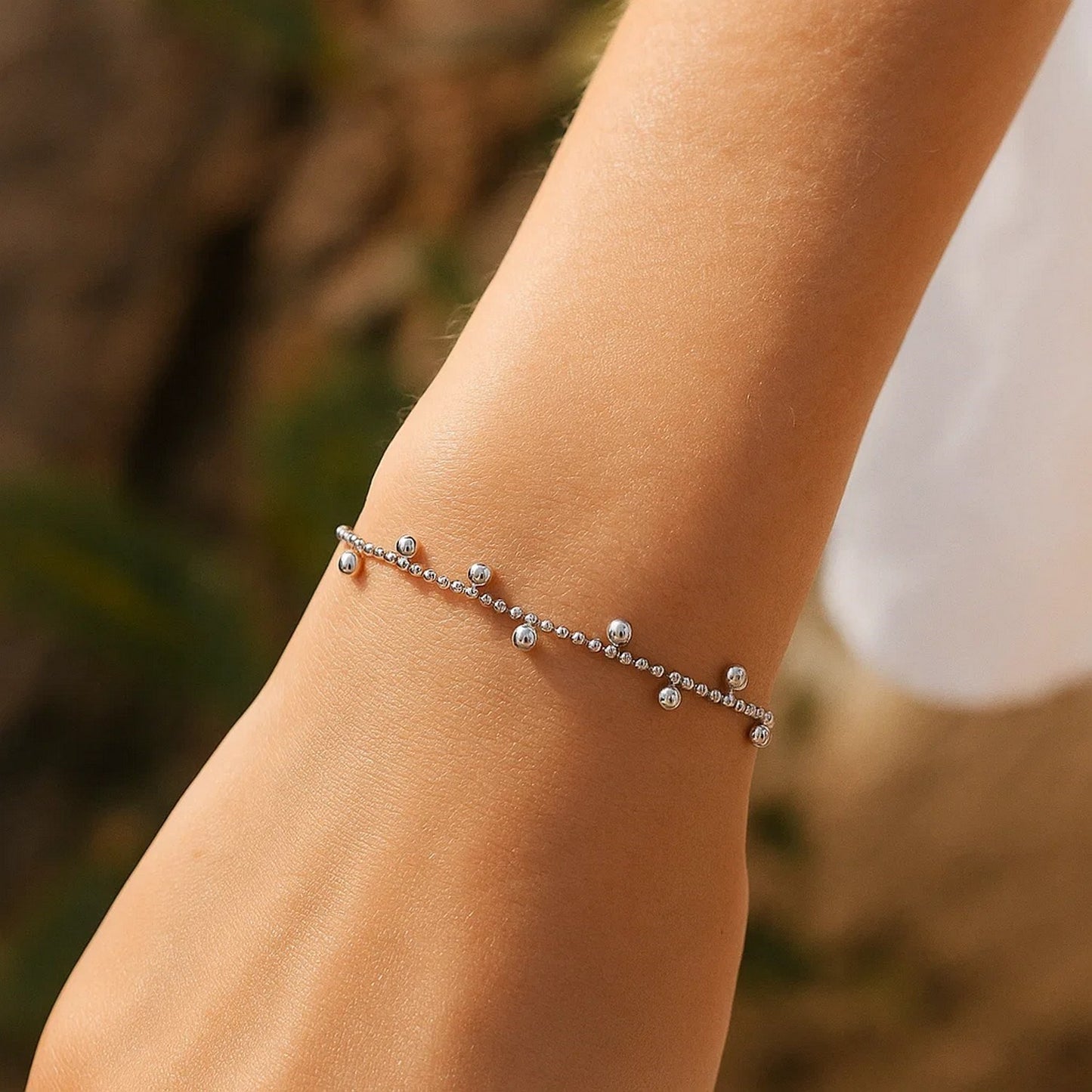 Sterling Silver Rhodium Plated Drop Bead Bracelet